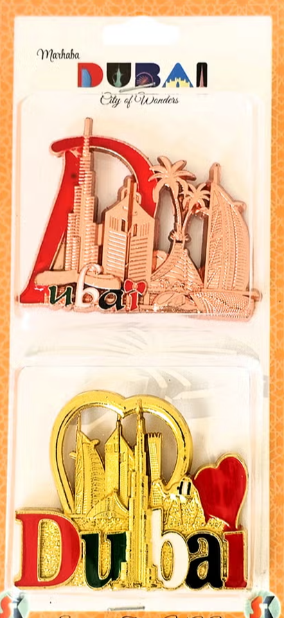 6×6 cm Metal Magnet Set of 2 showcasing Dubai’s famous landmarks — ideal for souvenirs and home décor.